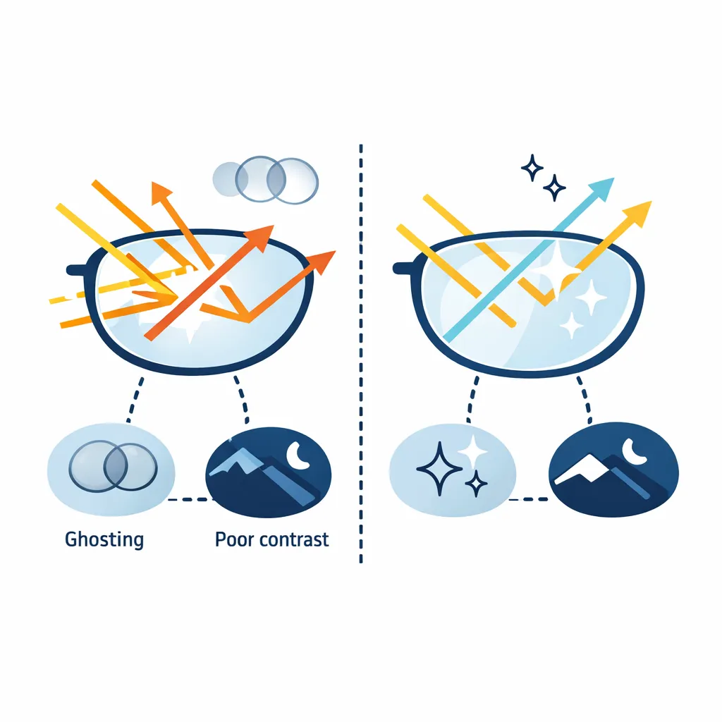 Glasses illustration comparing a blurred lens with halos to a clear lens after an updated prescription.
