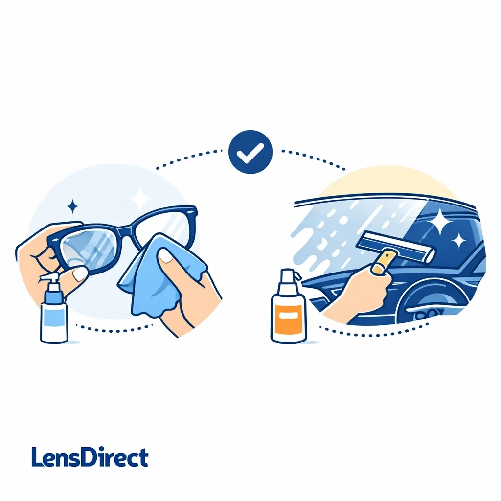 Two lenses comparison showing reduced reflections and ghosting with anti‑reflective coating using dotted arrows.