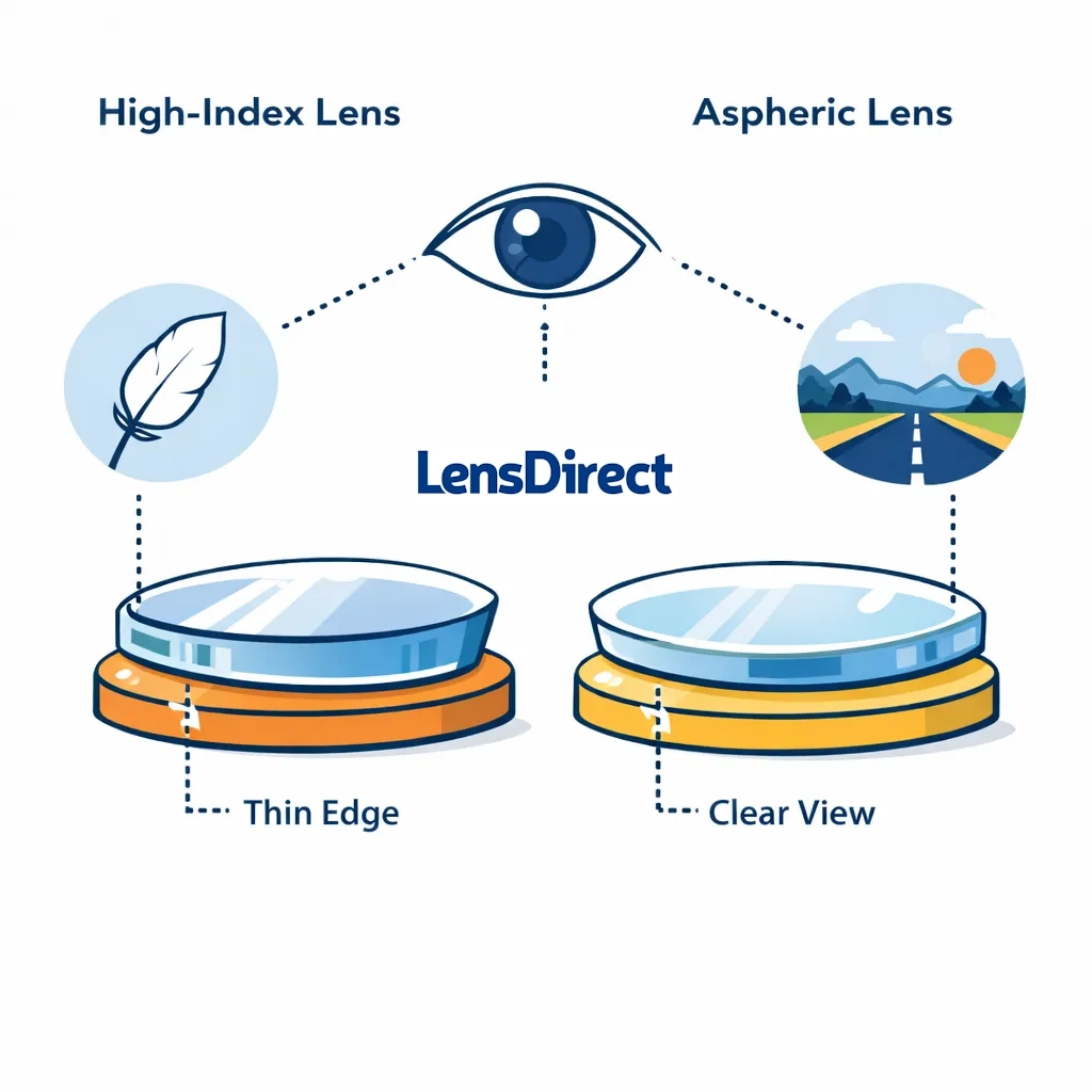 Illustration of hands cleaning eyeglasses and a car windshield connected to a glare reduction icon.