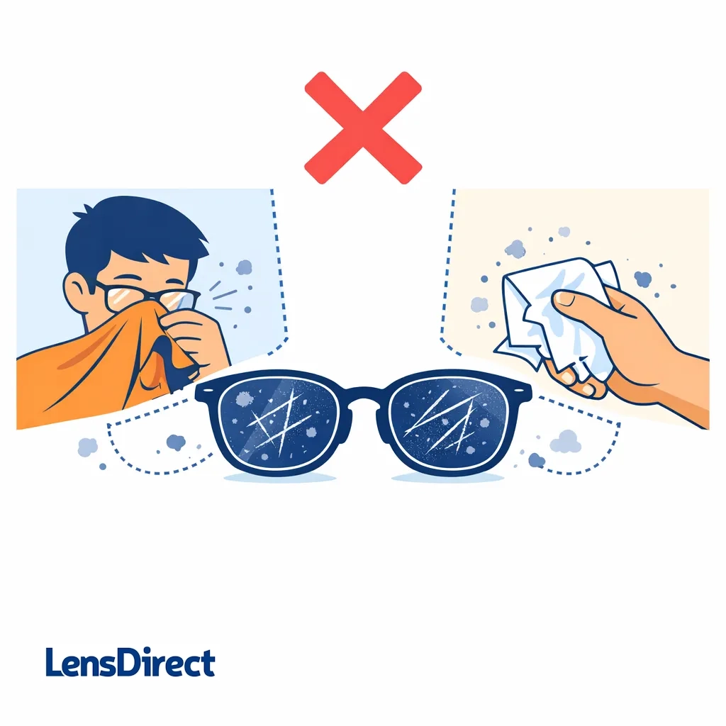 Illustration showing a person wiping dusty glasses with a shirt and paper towel, highlighting how everyday habits cause scratches.