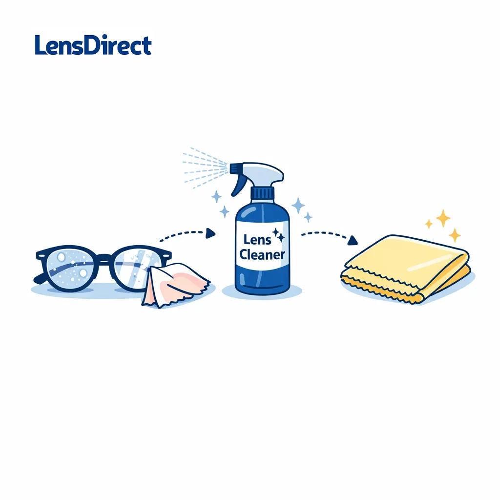 Sequence showing rinsing, washing, spraying with lens cleaner, and wiping glasses for a deeper clean.