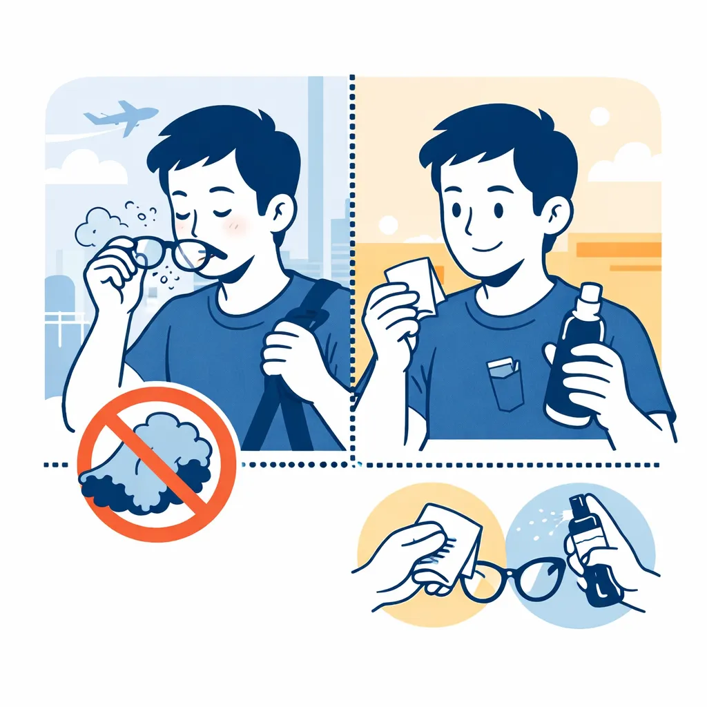 Illustration of a traveler blowing dust off glasses and using a pre‑moistened wipe for quick cleaning on the go.