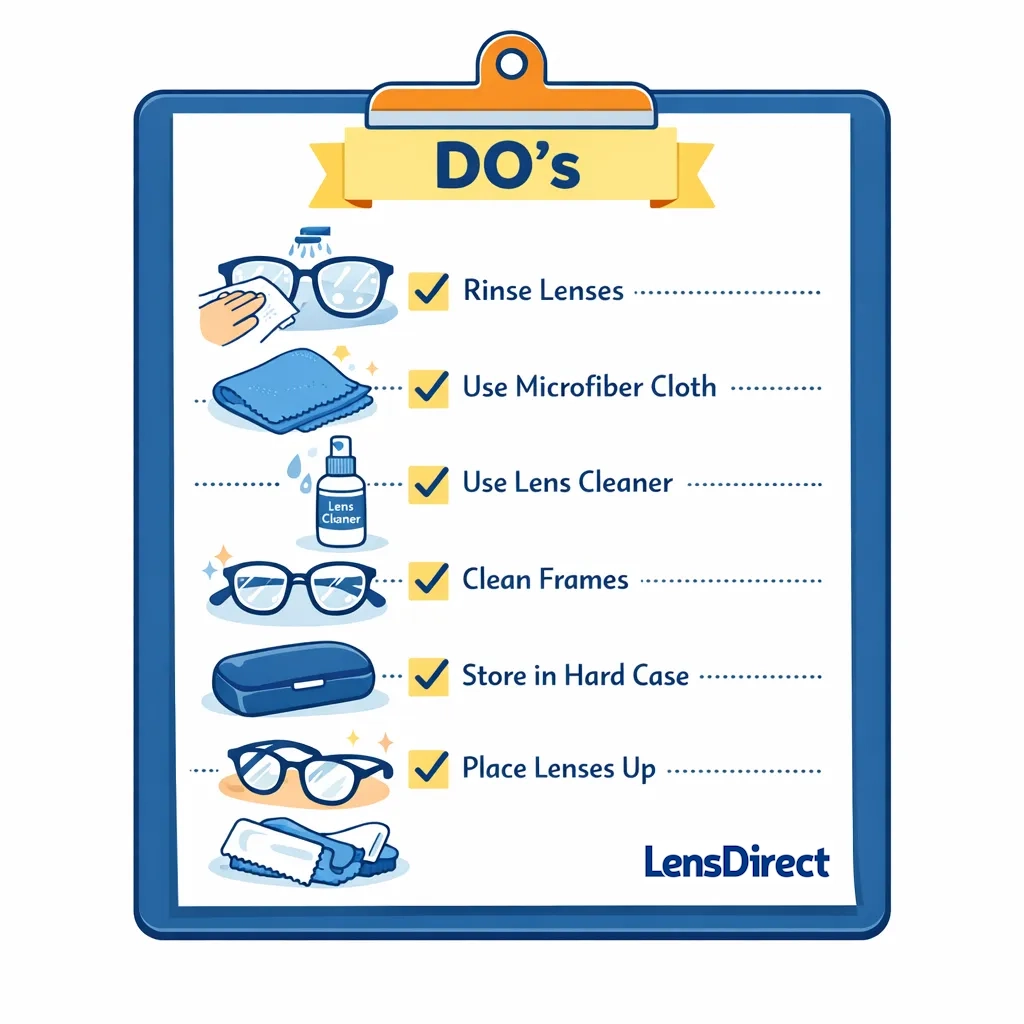 Infographic checklist of best practices: rinse before wiping, use clean microfiber cloth, lens cleaner, clean frames, hard case, lenses up.