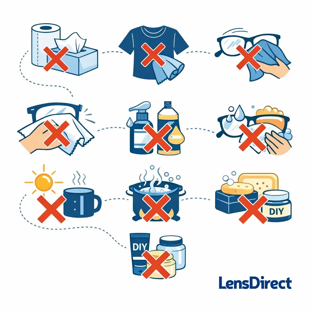 Series of icons with red crosses highlighting actions to avoid, such as paper towels, clothing, dry wiping, harsh cleaners and hot water.