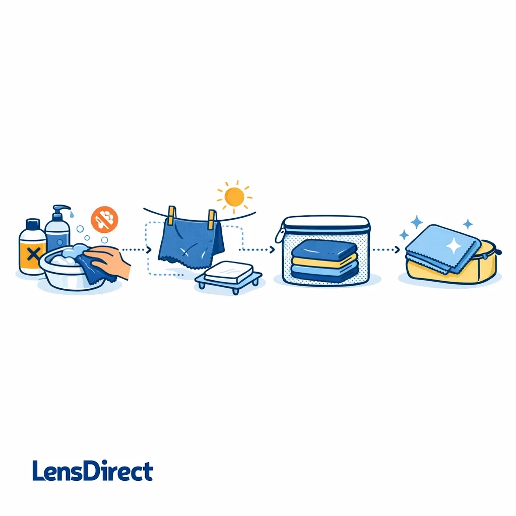 Modern illustration showing washing, drying and storing microfiber cloths properly to keep them effective.