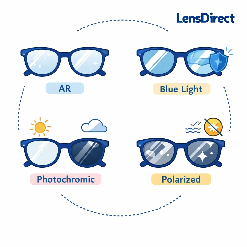 Icons representing AR, blue light, photochromic and polarized lenses linked to a gentle cleaning symbol to show care methods.