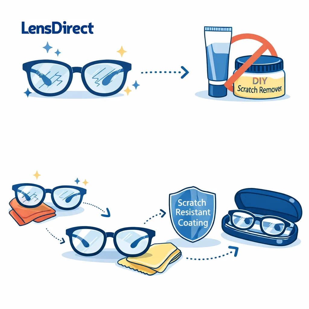 Illustration emphasizing cleaning nose pads, temple tips and lens edges with a soft toothbrush without touching lenses.