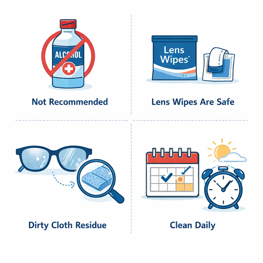 Quadrant graphic answering FAQs about rubbing alcohol, pre‑moistened wipes, persistent smears and cleaning frequency.