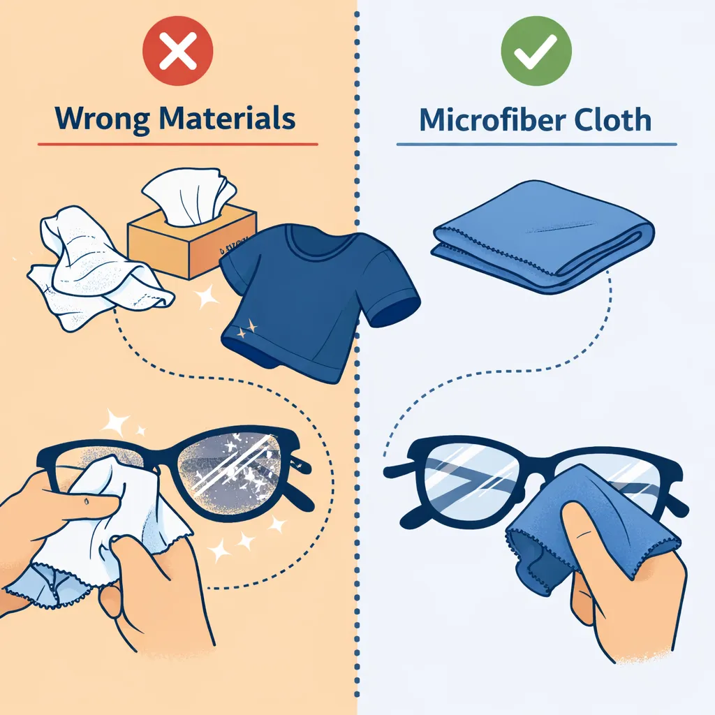 Split‑screen comparison of rough paper towels and clothing causing scratches versus a soft microfiber cloth cleaning lenses safely.