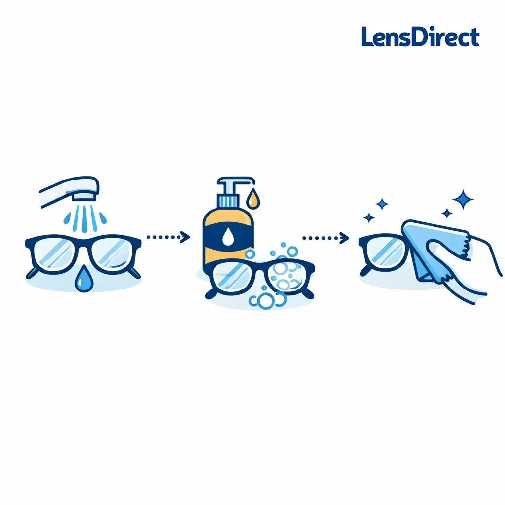 Three icons connected by dotted lines showing rinsing glasses, washing with a tiny soap drop, and drying with a microfiber cloth.