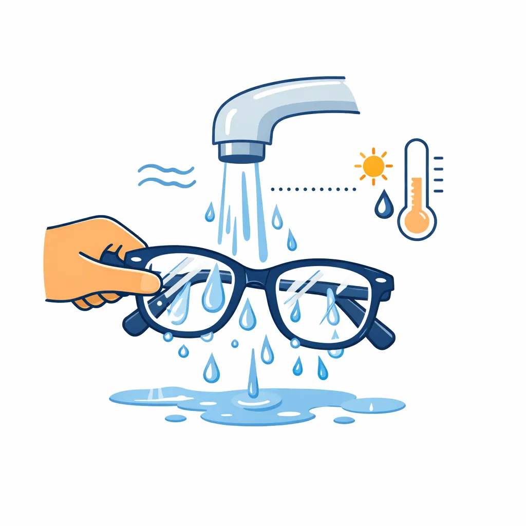 Drawing of eyeglasses held under a gentle stream of water to rinse away dust and grit.