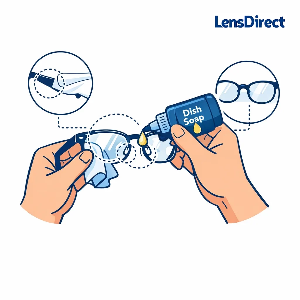 Illustration of applying a small drop of lotion‑free dish soap to lenses, nose pads, and frame with dotted guides.