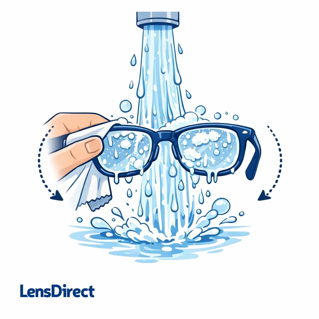 Scene of glasses being thoroughly rinsed under flowing water to remove all soap residue.