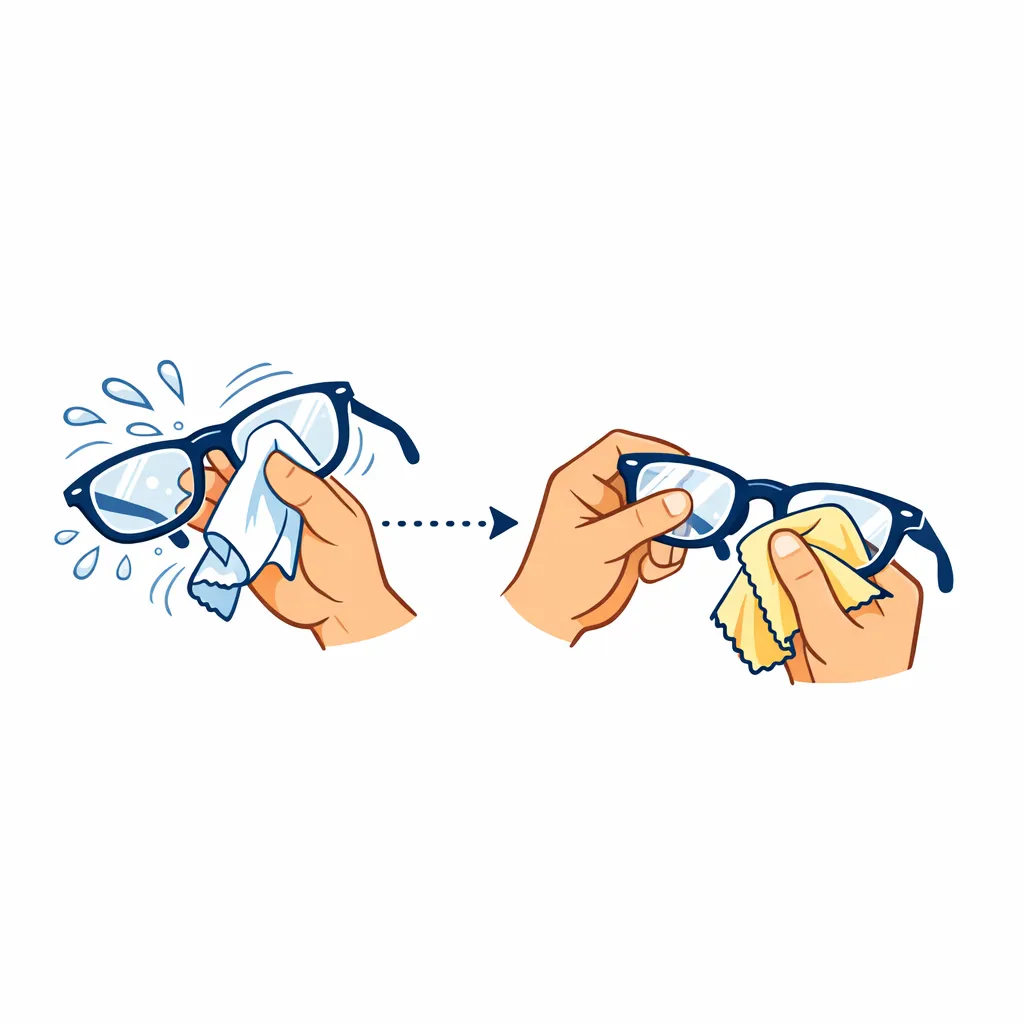 Image of hands gently blotting and drying glasses with a clean microfiber cloth after shaking off excess water.