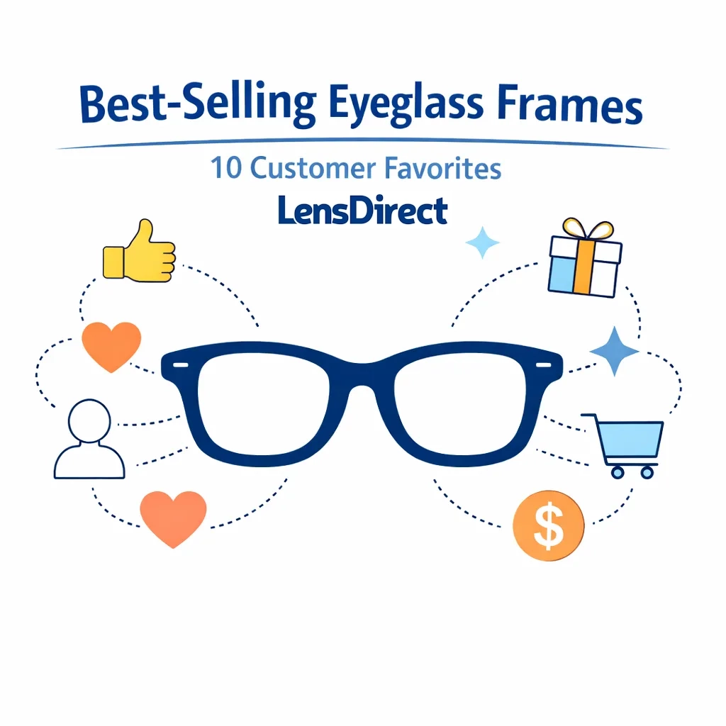 Line art illustration of a blue eyeglass frame with customer and shopping icons connected by dotted lines, introducing best selling eyeglass frames.