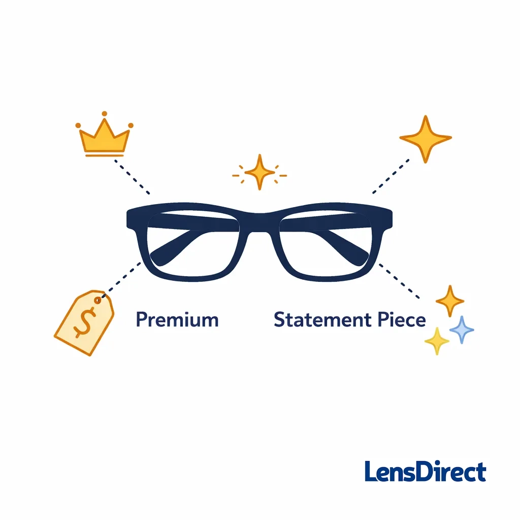 Dark blue glasses surrounded by a crown, star and price tag icons with labels premium and statement piece to denote luxury.