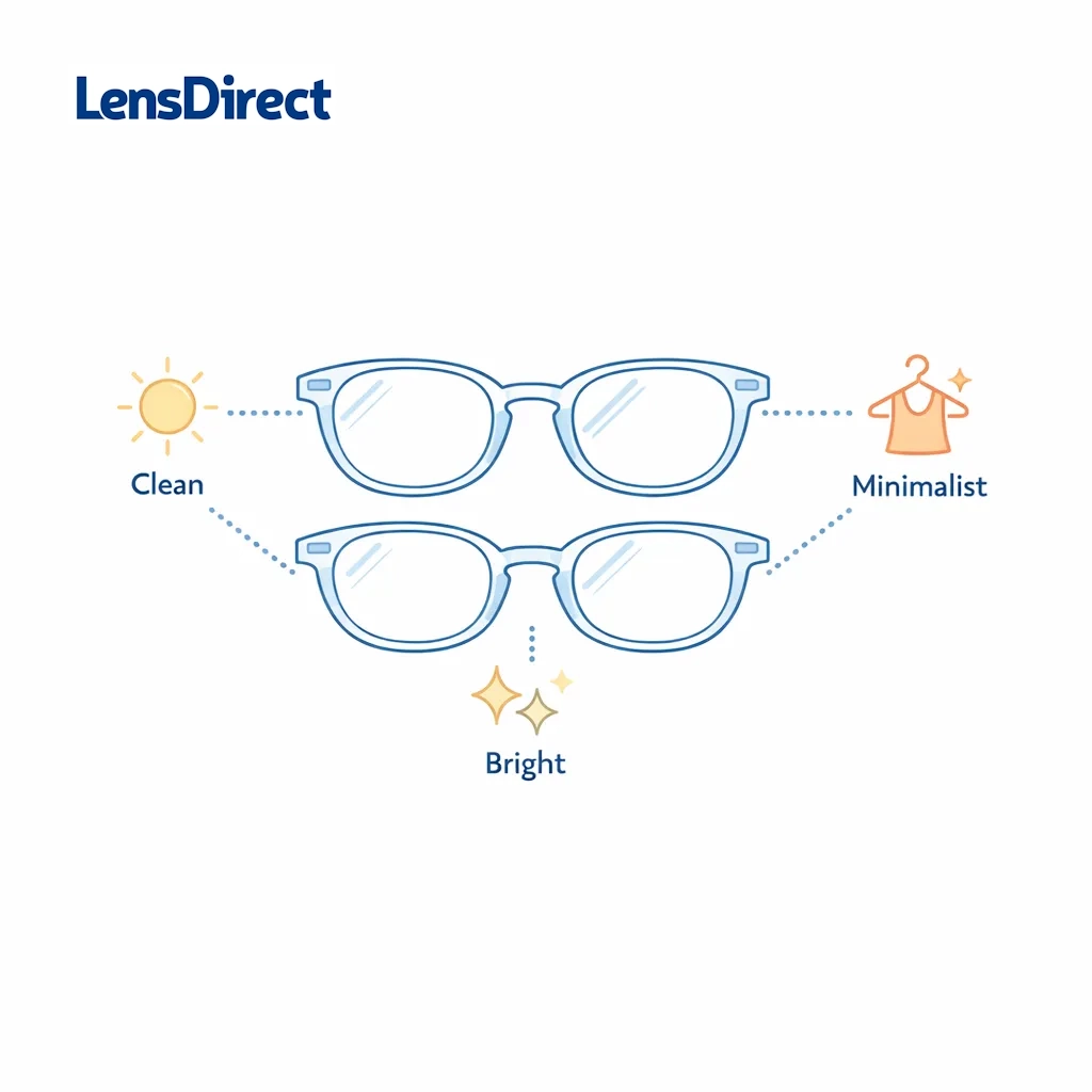 Two translucent crystal glasses with dotted lines pointing to icons labeled clean, minimalist and bright, representing a modern minimalist style.