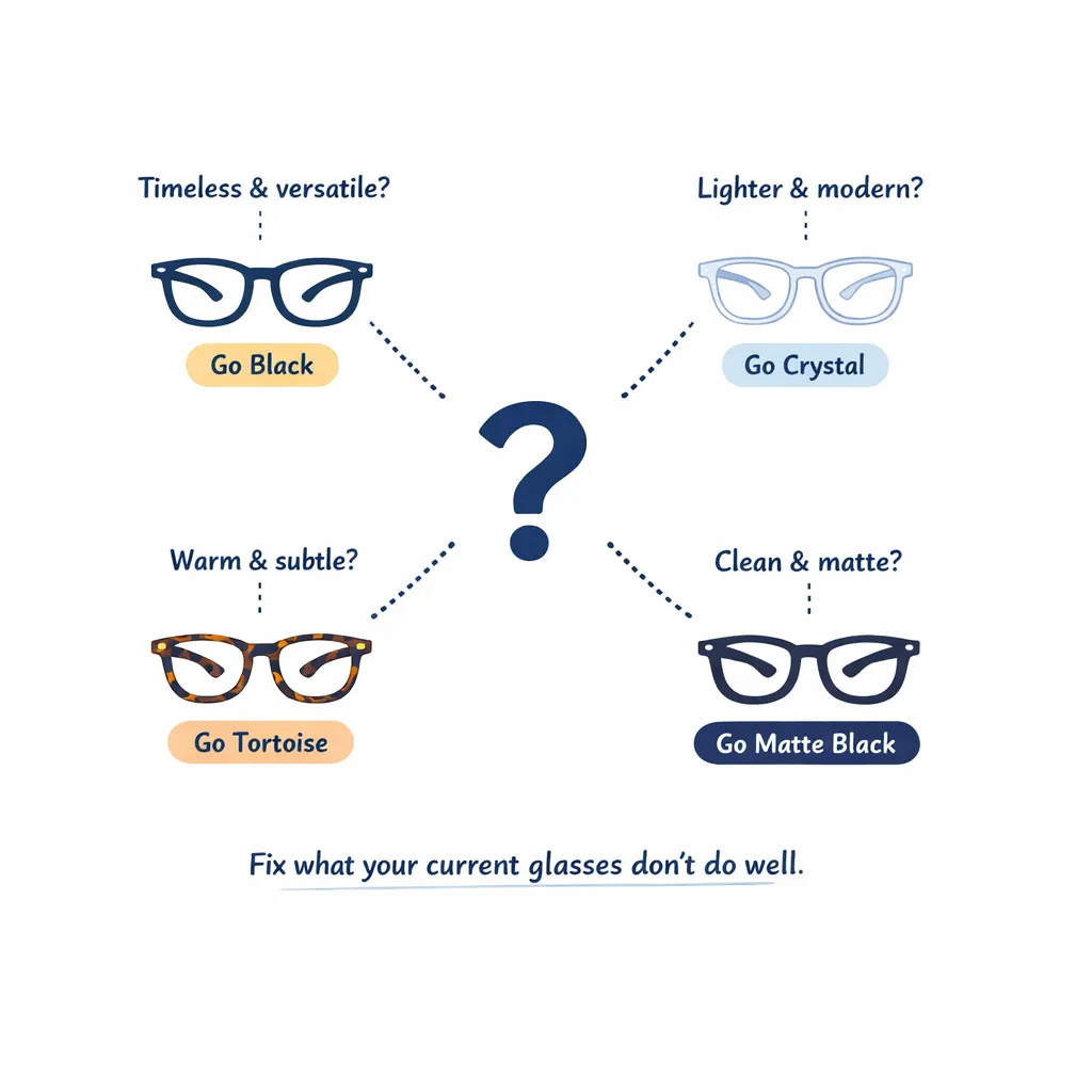 Question mark at center with dotted branches to black, crystal, tortoise and matte glasses, offering guidance and a note to fix what current glasses lack.