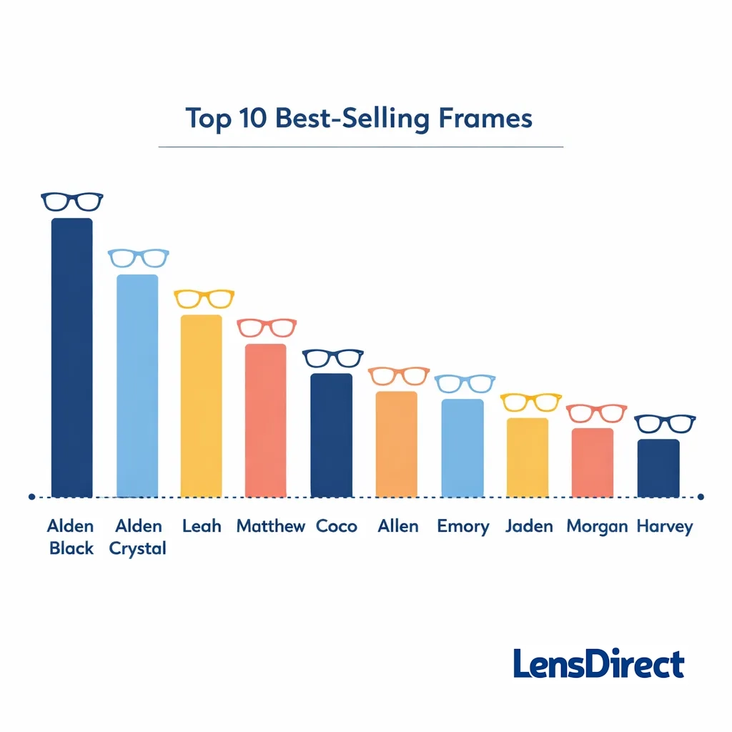 Bar chart illustration ranking Alden Black, Alden Crystal, Leah, Matthew, Coco, Allen, Emory, Jaden, Morgan and Harvey with eyeglass icons.