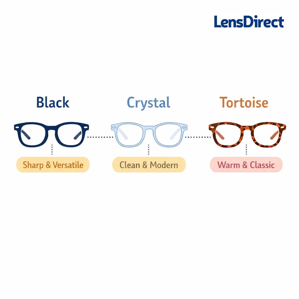Comparison of black, crystal and tortoise eyeglass frames with labels sharp and versatile, clean and modern, warm and classic.