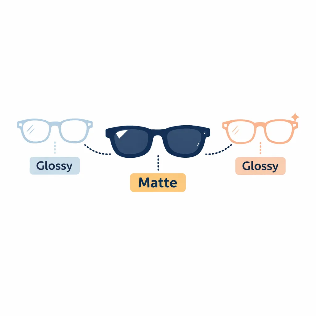 Three glasses highlight a central matte black frame flanked by light blue and orange glossy frames with labels matte and glossy.