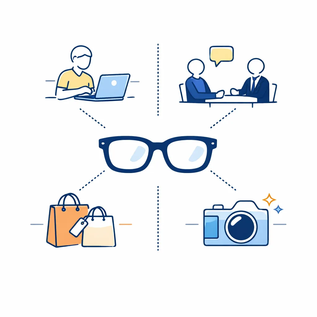 Central glasses connect to scenes of working on a laptop, a business meeting, shopping bags and a camera, demonstrating versatility.