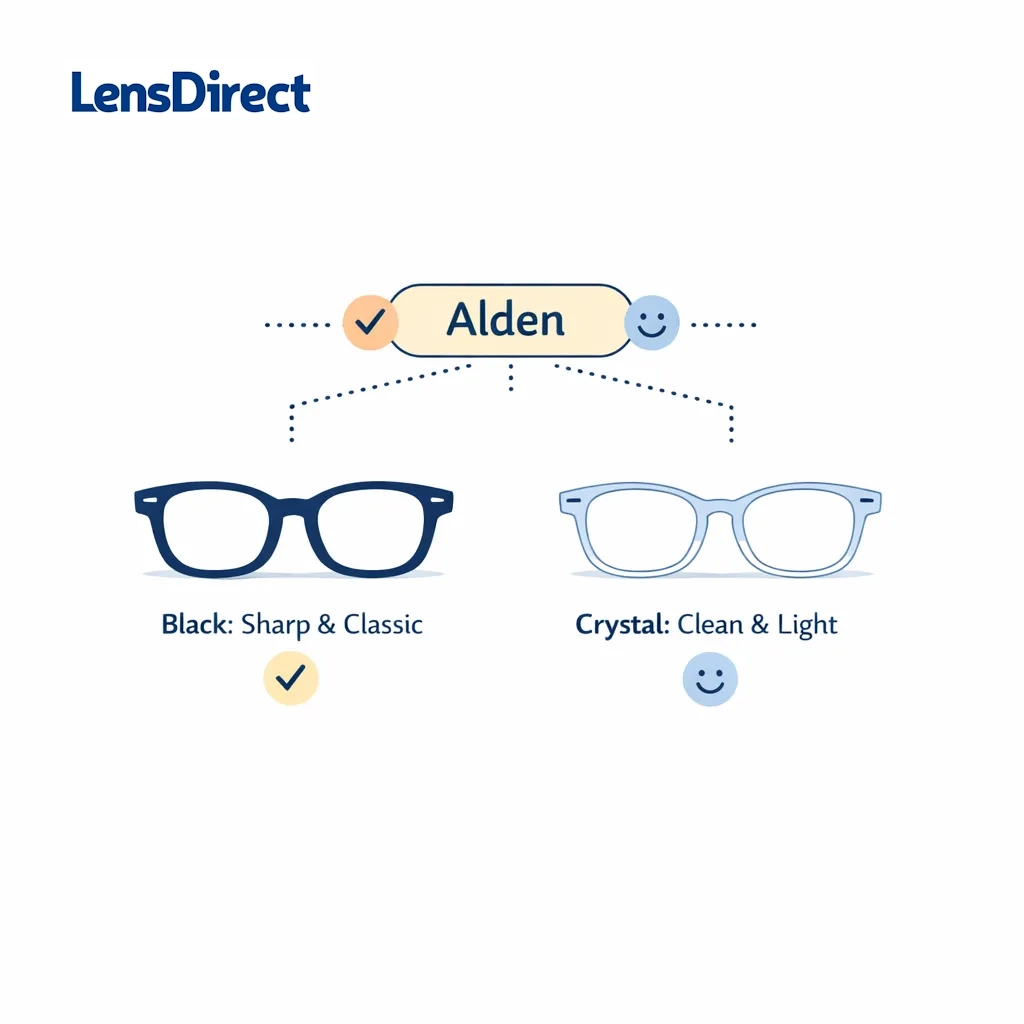 Line art of two Alden frames, one dark blue and one crystal blue, with labels sharp and classic and clean and light connected to a central Alden banner.