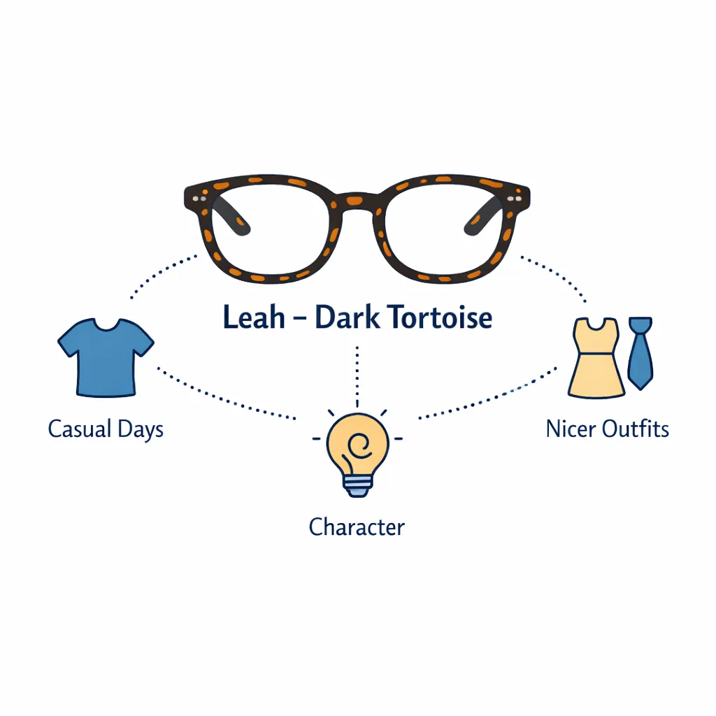 Warm tortoise-pattern glasses are linked with dotted lines to icons for casual days, nicer outfits and character with small labels.