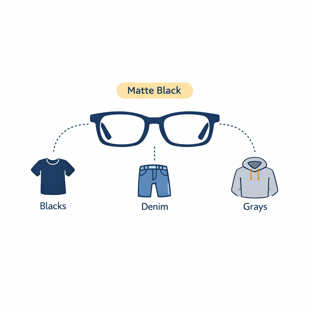 Sleek matte black glasses connect to icons of a black shirt, denim shorts and a gray hoodie with labels blacks, denim and grays.