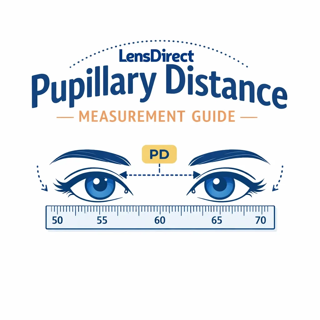 Line art of eyes with PD measurement ruler and the title Pupillary Distance Measurement Guide in blue and orange.