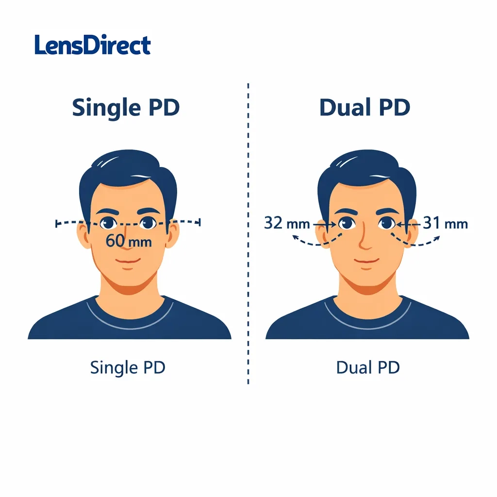 Helper measures from nose bridge to each pupil using a ruler with dotted lines marking two separate distances.