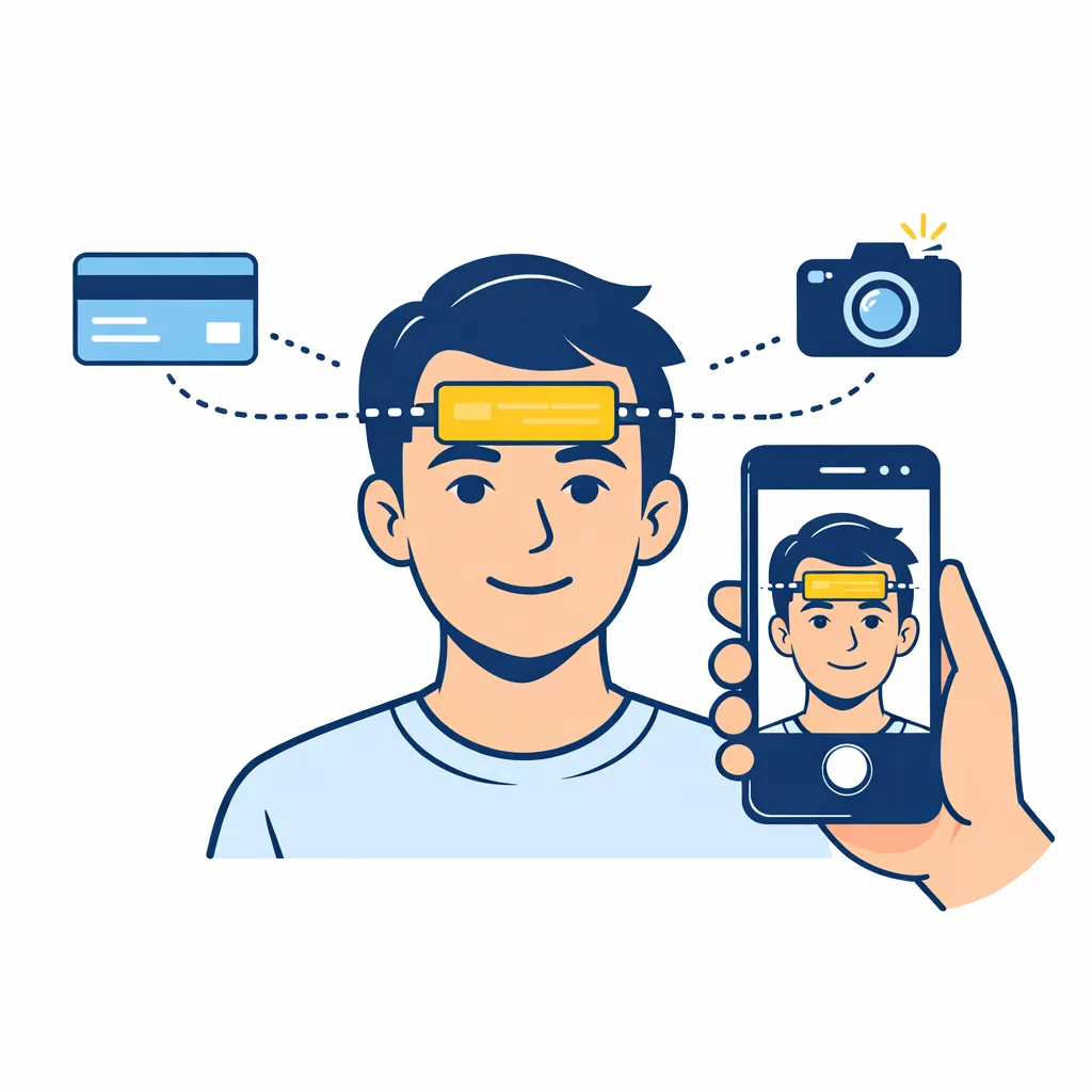 Person takes a photo with a smartphone while holding a credit card on the forehead to measure pupillary distance.