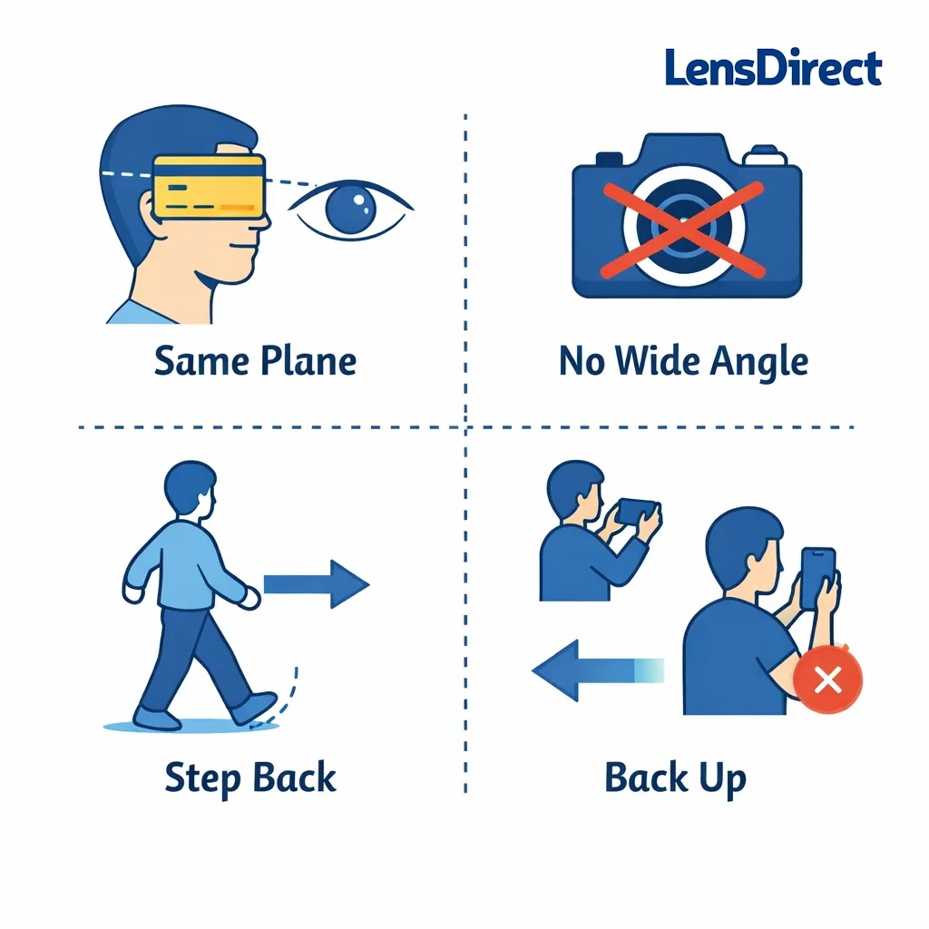 Three panels giving tips for accurate PD measurement with a card: keeping the card flat, parallel to face and avoiding distortion.