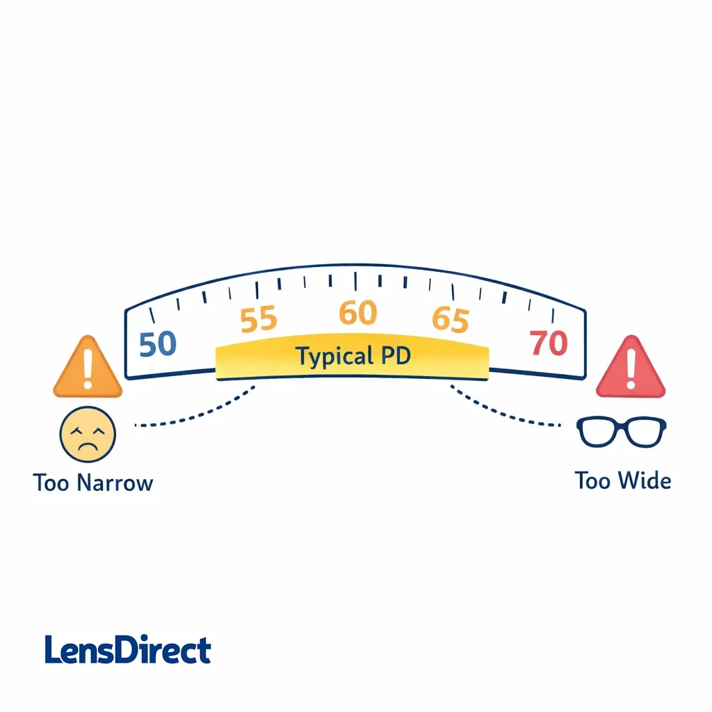Gauge graphic illustrating the common adult PD range from 50 to 70 millimeters with highlighted mid-range.