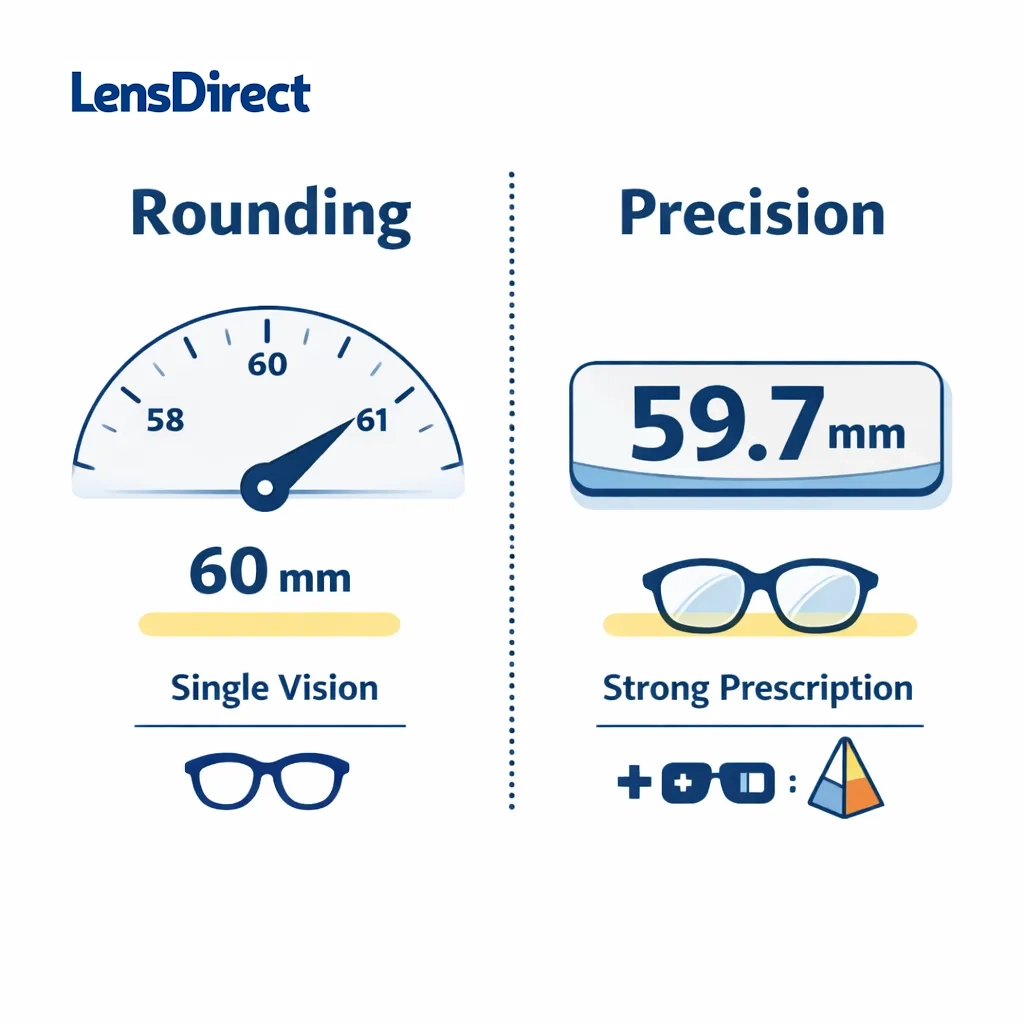 Side by side gauges showing rounded PD for single vision lenses and precise PD for high prescriptions or progressives.
