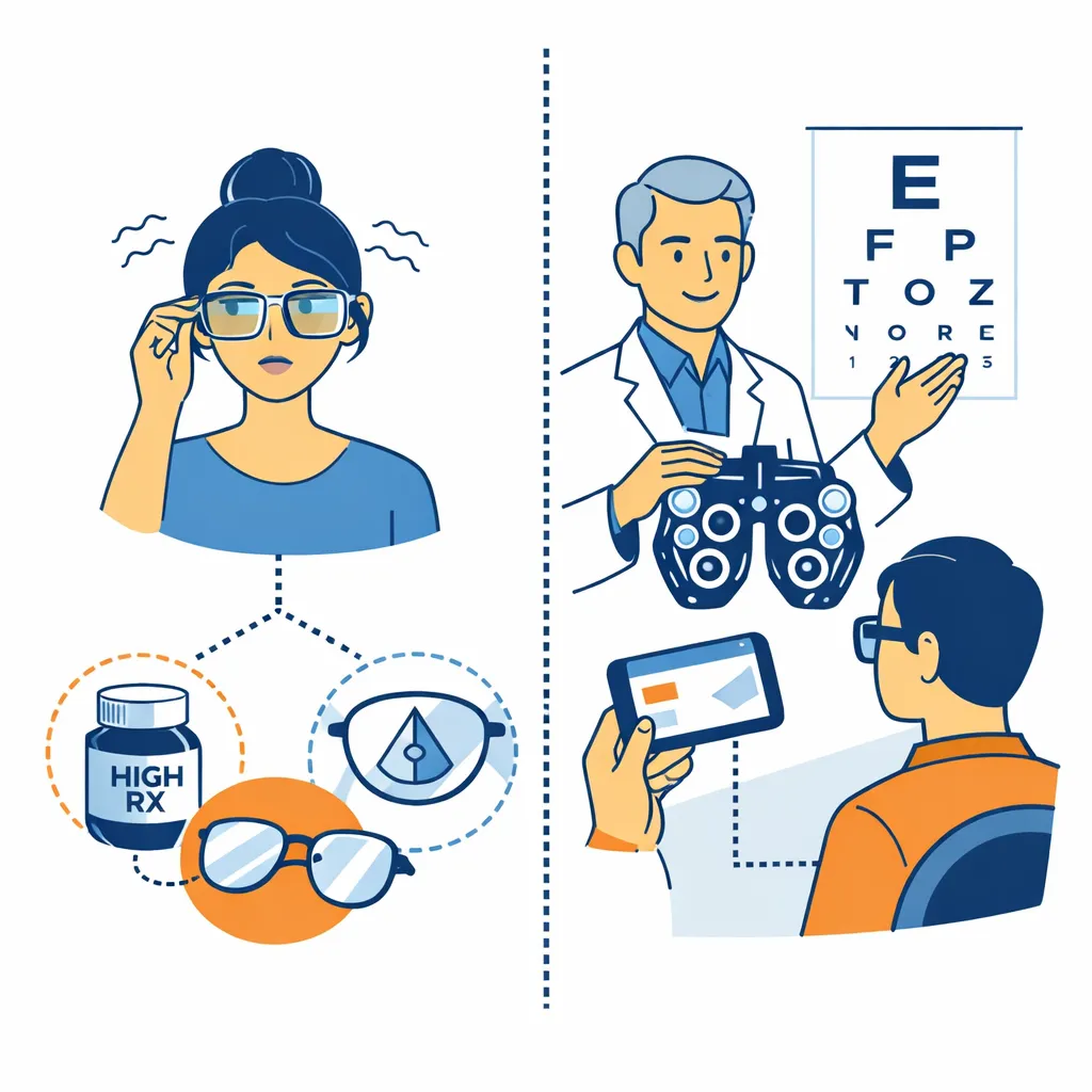 Illustration of a person with strong prescription glasses and an optician offering professional PD measurement advice.