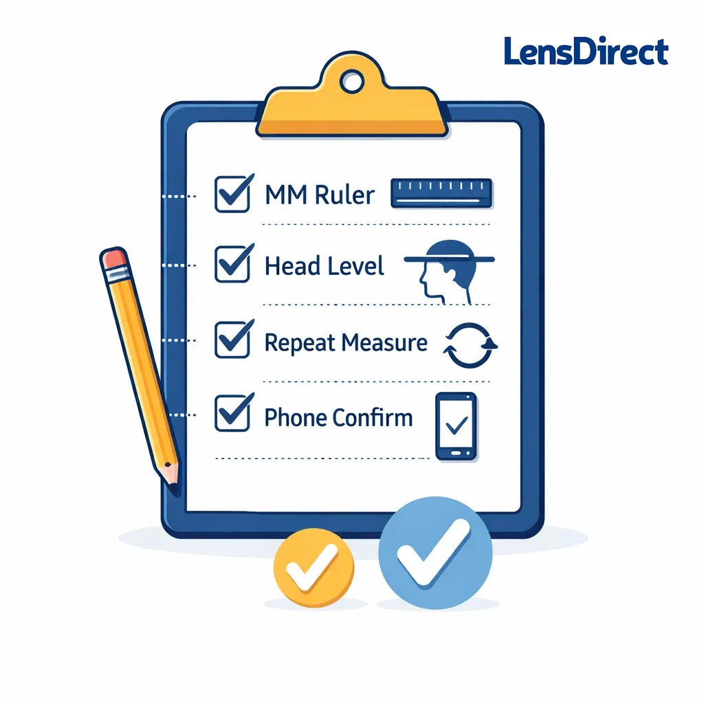 Checklist with icons reminding to measure in millimeters, keep head level, repeat measurements and confirm with smartphone.