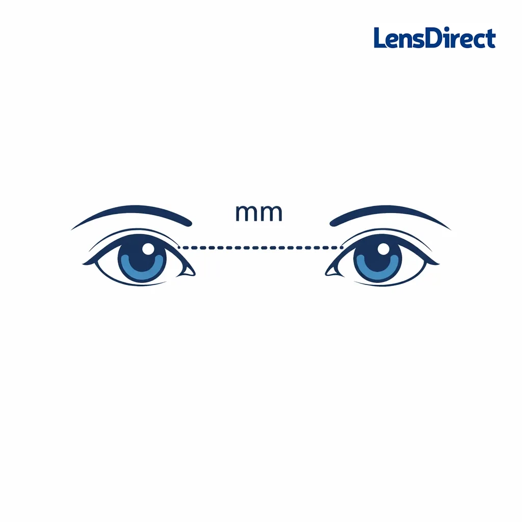 Simple diagram of two eyes with a dotted line labeled PD connecting the pupils to illustrate pupillary distance.