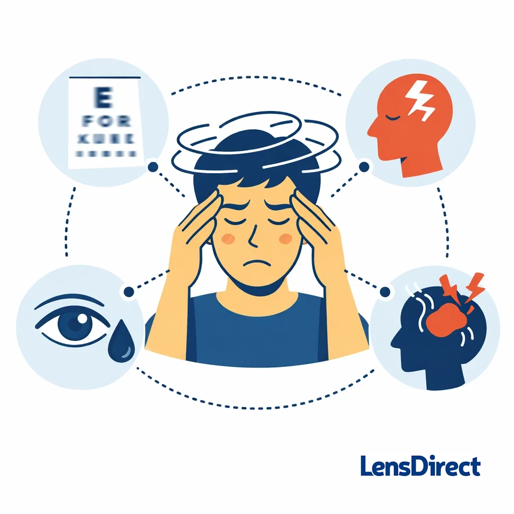Person experiencing headaches and vision issues surrounded by dotted line icons representing blur, eye strain, and headache.