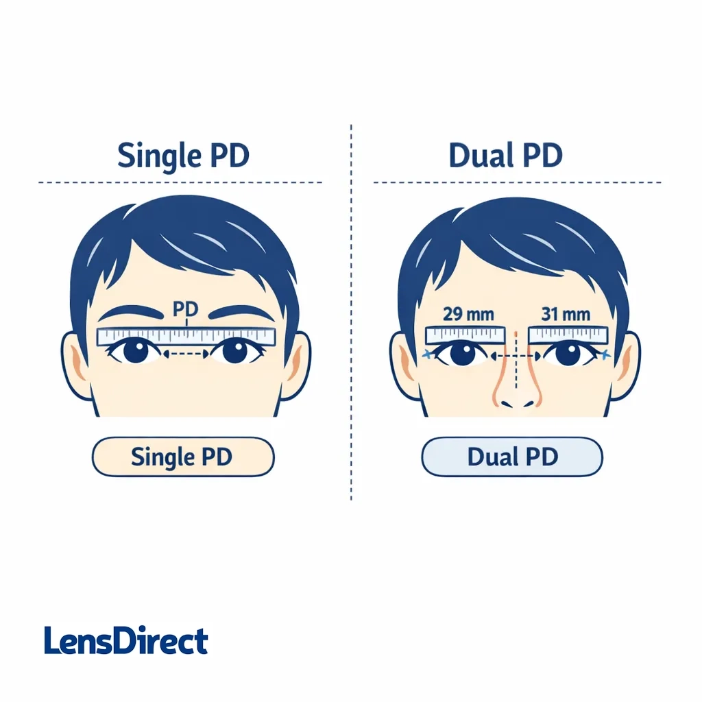 Split-screen showing single PD measurement across both pupils and dual PD measurement from nose to each pupil.