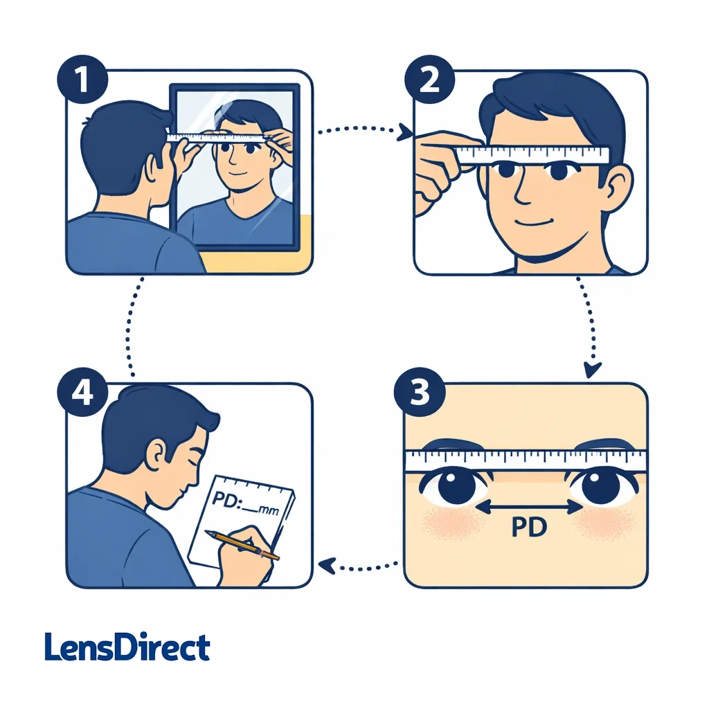 Four-panel step diagram of someone measuring PD in front of a mirror using a ruler and writing down results.