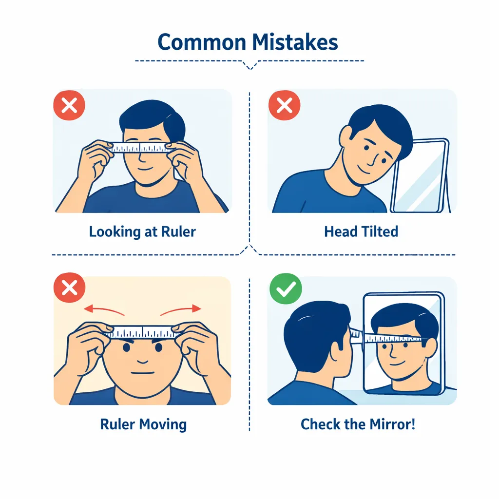 Three panels depicting mistakes when measuring PD such as looking at the ruler, tilting head and moving the ruler, each marked with a red X.
