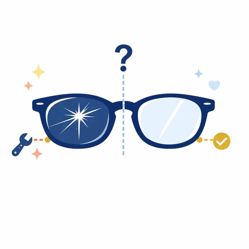 Minimalistic illustration of eyeglasses showing scratched lens with starburst glare on one side and clear lens on the other, separated by a dotted line.