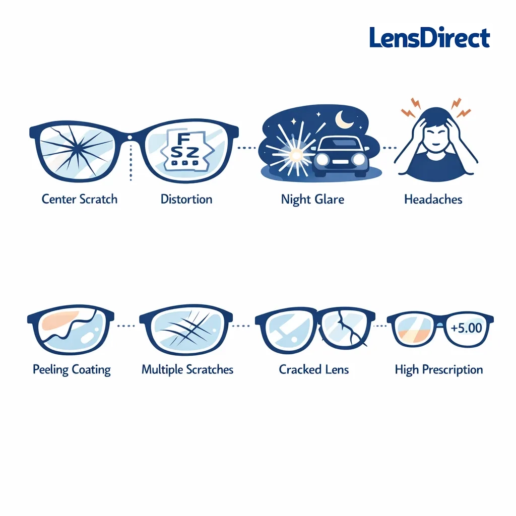 Grid of icons showing reasons to replace glasses lenses: central scratch, distortion, night glare, headaches, peeling, multiple scratches, cracks and high prescription.