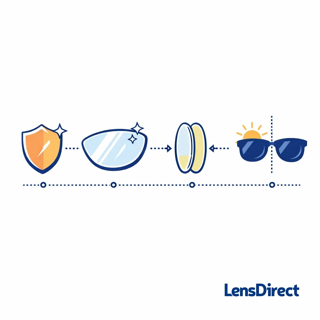 Row of icons representing lens upgrade options: stronger scratch-resistant coating, anti-reflective, thinner lenses and photochromic sun lenses.