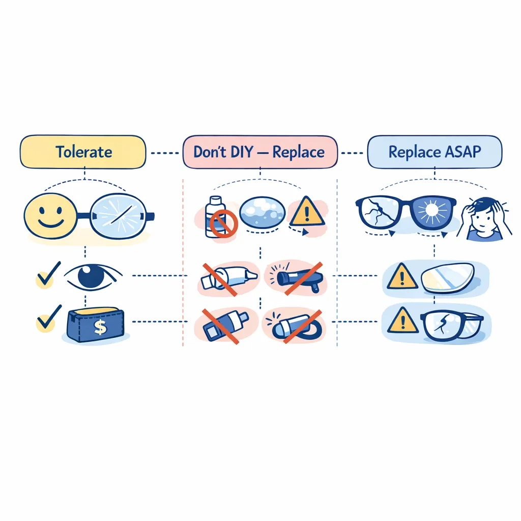 Flowchart with sections labeled Tolerate, Don't DIY — Replace, and Replace ASAP, summarizing when to fix, tolerate or replace scratched lenses.