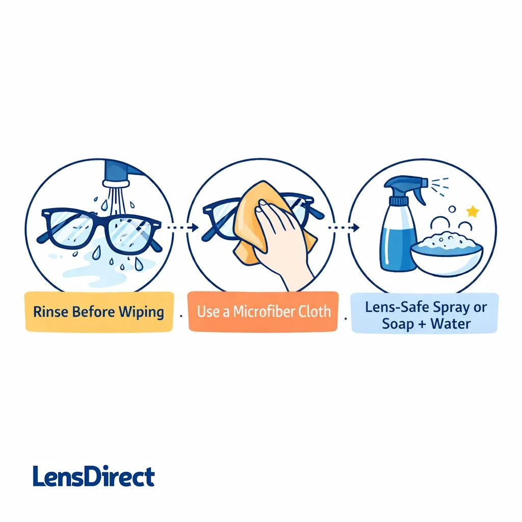 Tri-panel infographic showing proper cleaning habits: rinsing lenses before wiping, using a clean microfiber cloth and lens-safe spray or mild soap solution.
