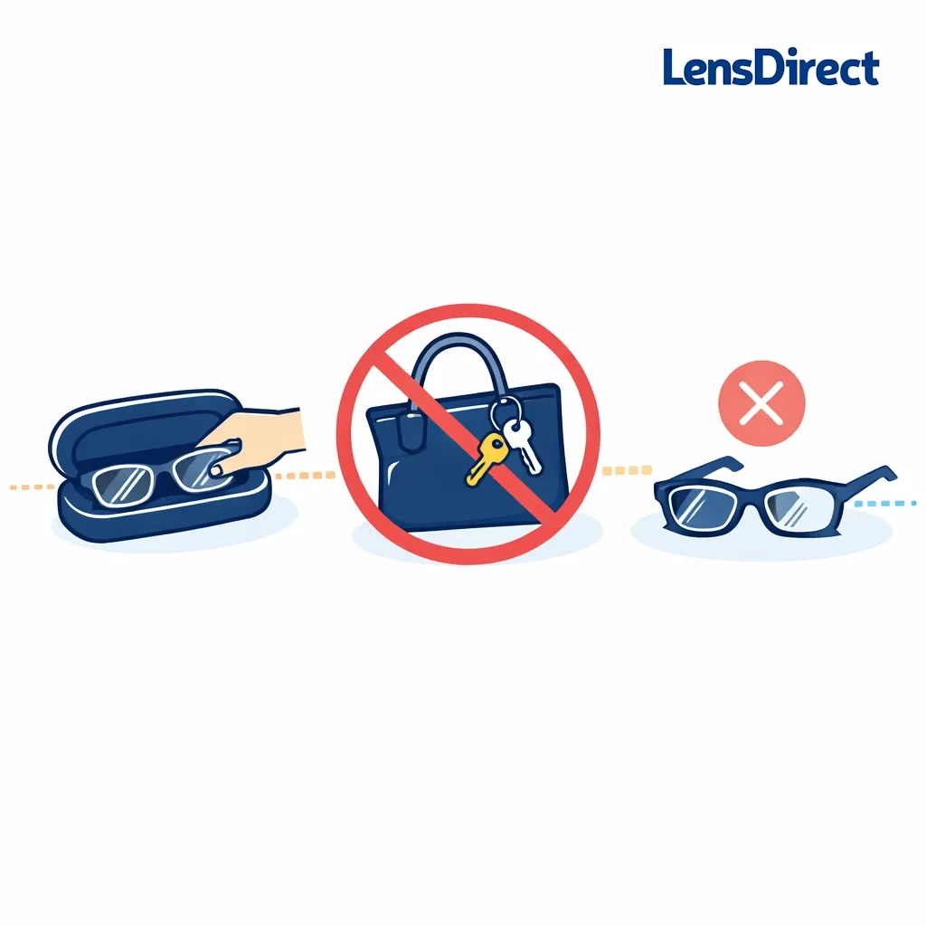 Illustration showing proper storage: placing glasses in a hard case, avoiding mixing with keys in a bag and not leaving glasses face-down.