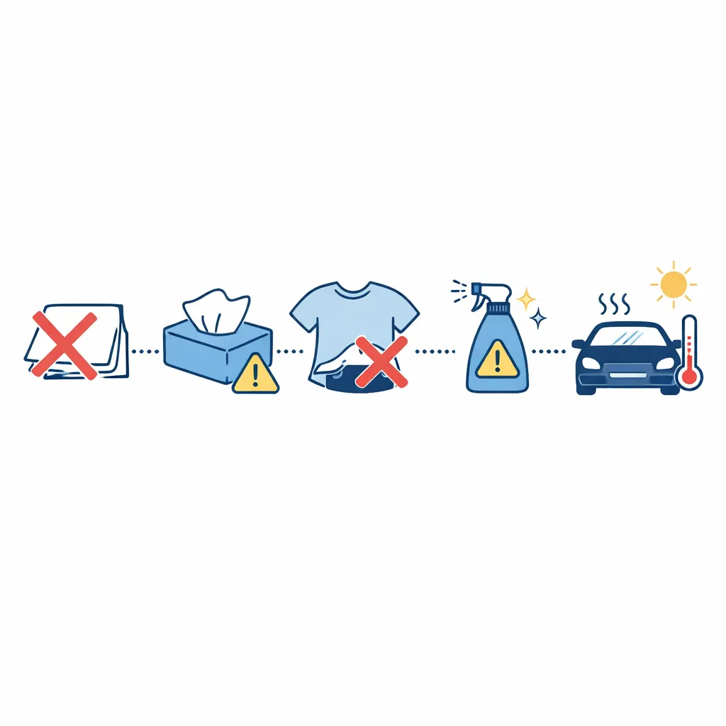 Row of icons highlighting scratch culprits like paper towels, tissues, shirt hems, household cleaners and heat or hot cars.