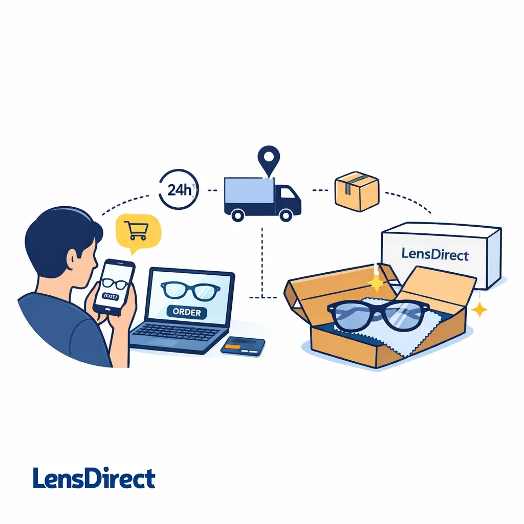 Illustration of a person ordering lens replacement online with dotted lines leading to delivery of refreshed frames with new lenses.